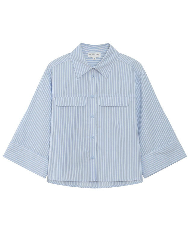 Blue Pinstripe 3/4 Sleev Boxy Blouse