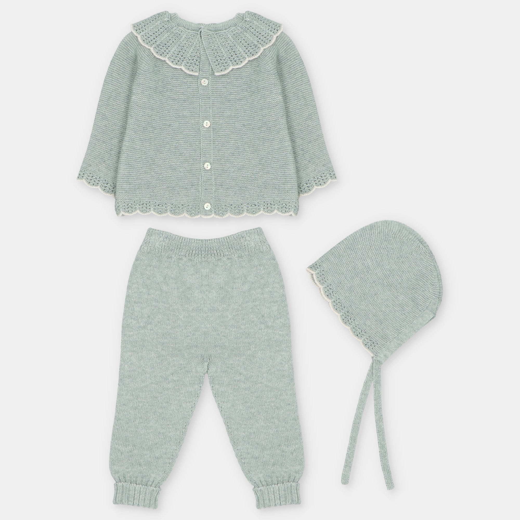 Sage Knitted Set Scallop Collar & Bonnett