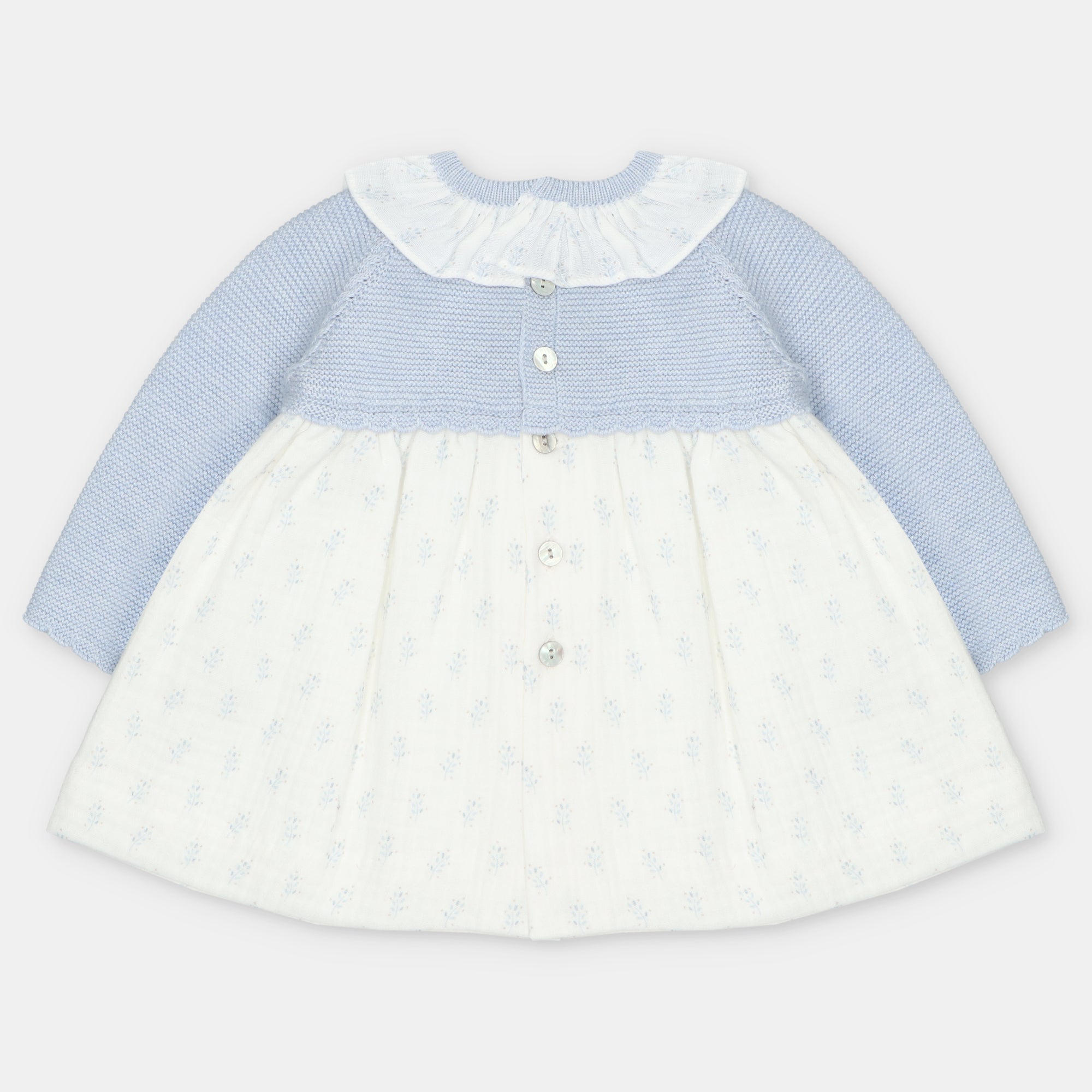 Light Blue Knit and Woven Leaf Print Dress