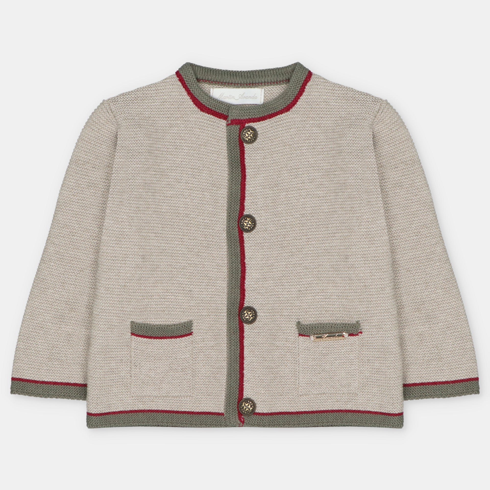 Khaki Olive Red Trim Cardigan