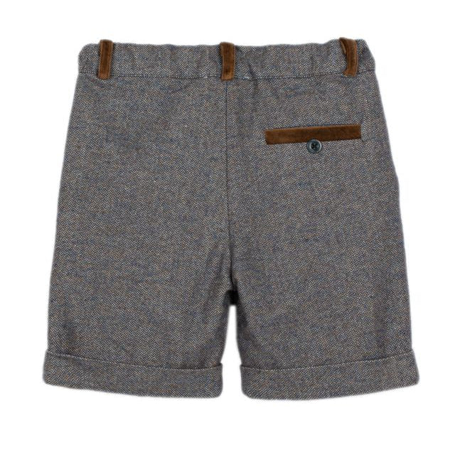 Grey Blue Herringbone Short Brown Trim