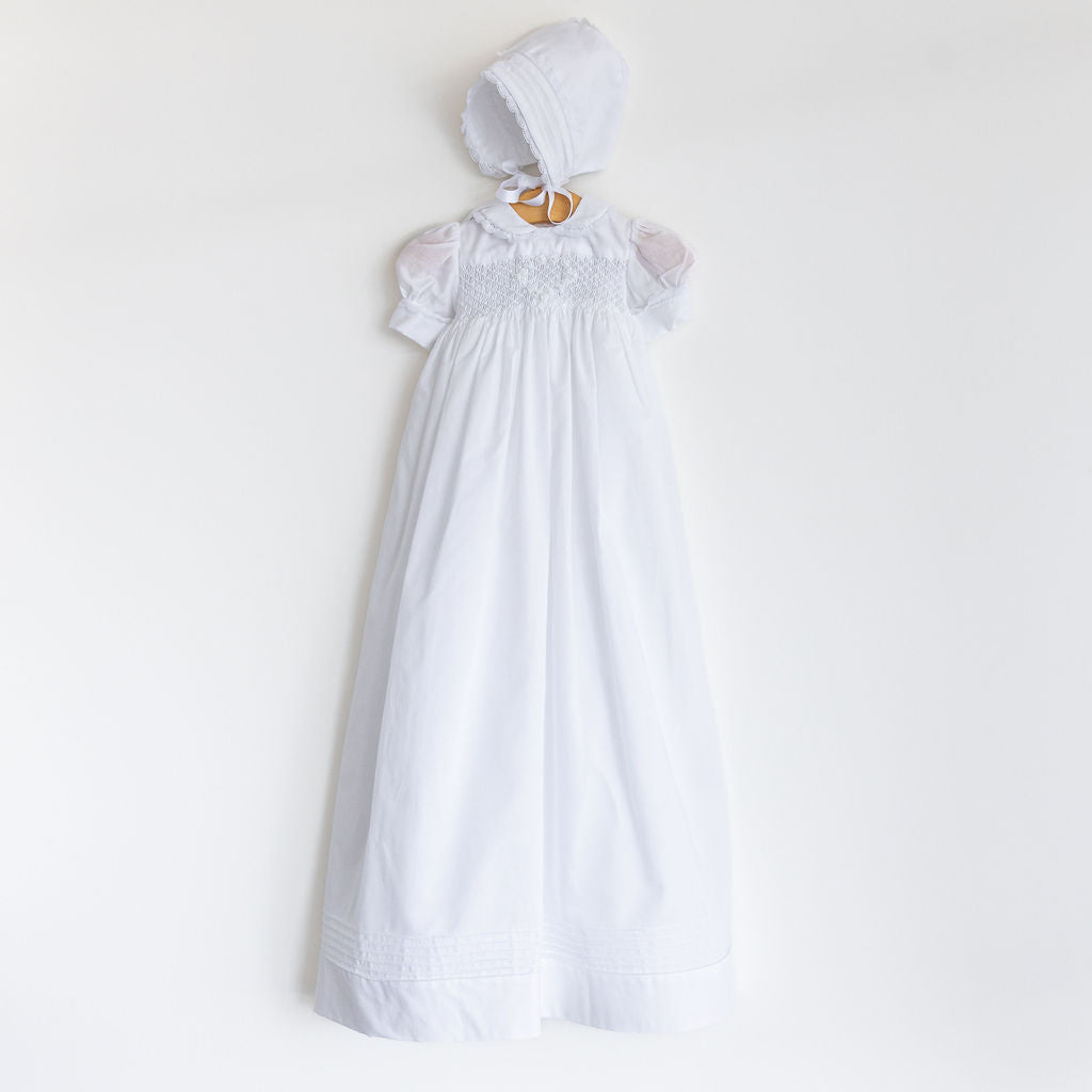Girl's White Batiste Smocked Wreath Gown