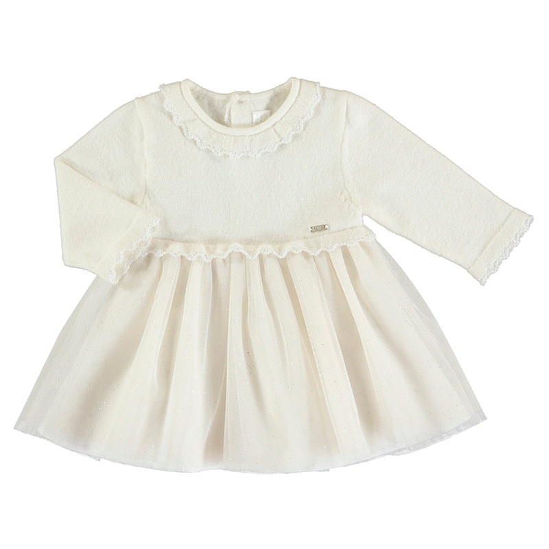 Girl's Off White Tulle and Knit Dress