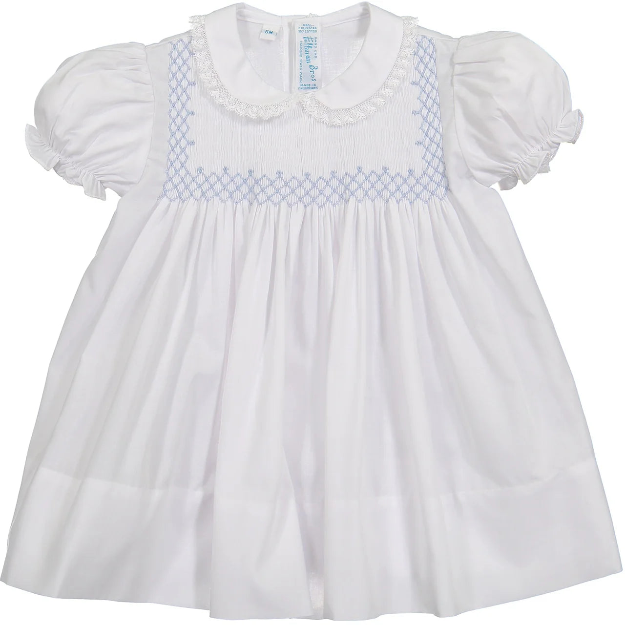 White Smocked Dress Blue Lattice Embroiderey