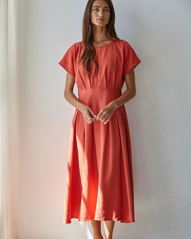 Alma Terracotta Pleat Waist Dress