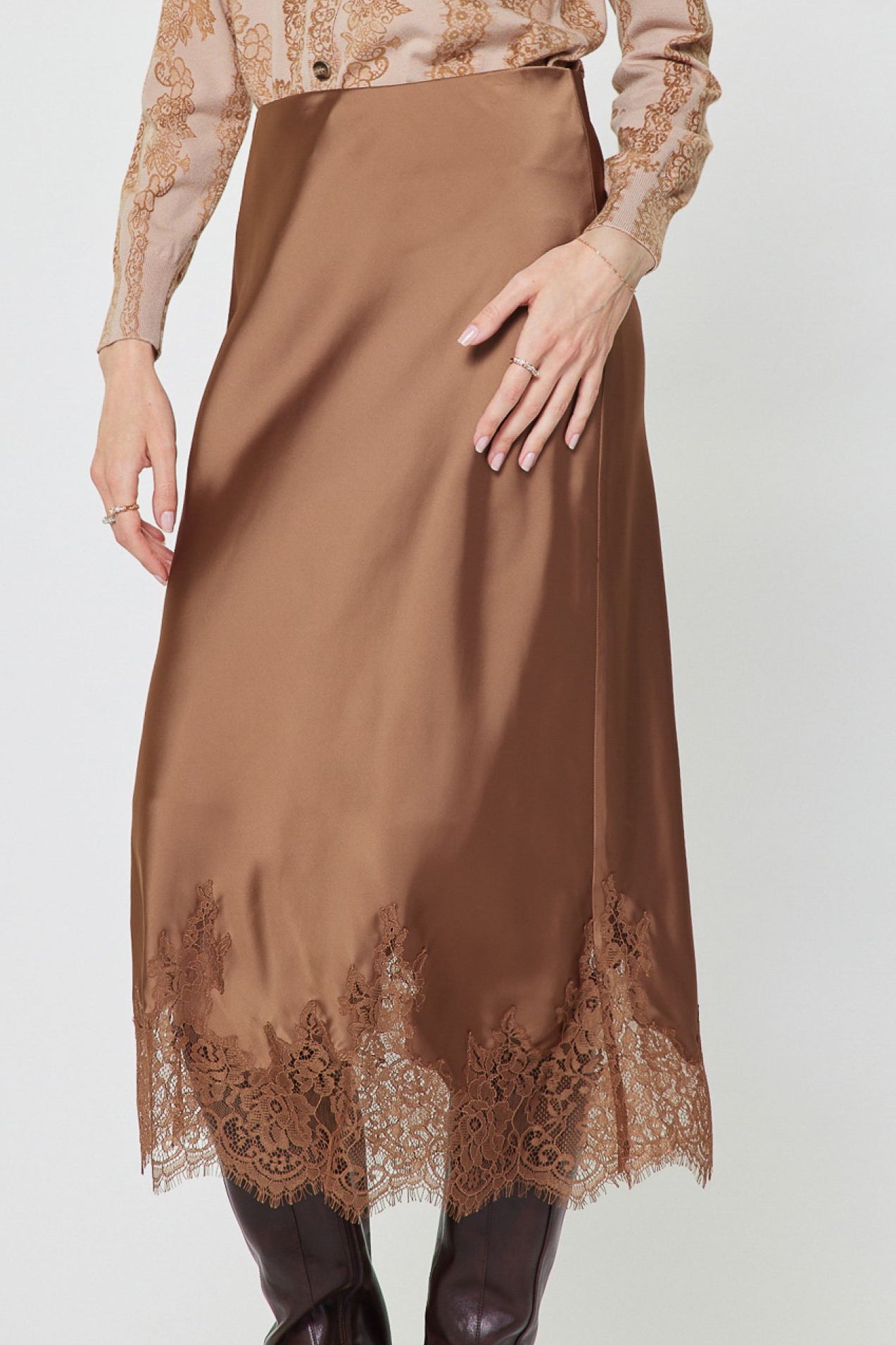 Mocha Satin Bias Skirt Lace Hem