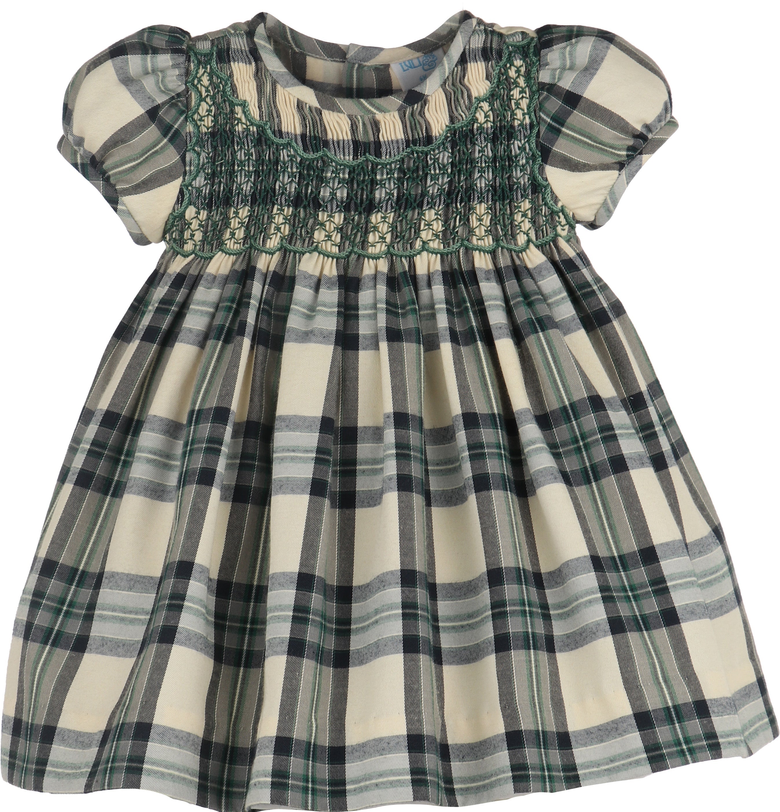 Navy Green Plaid Smocked Infant Dress