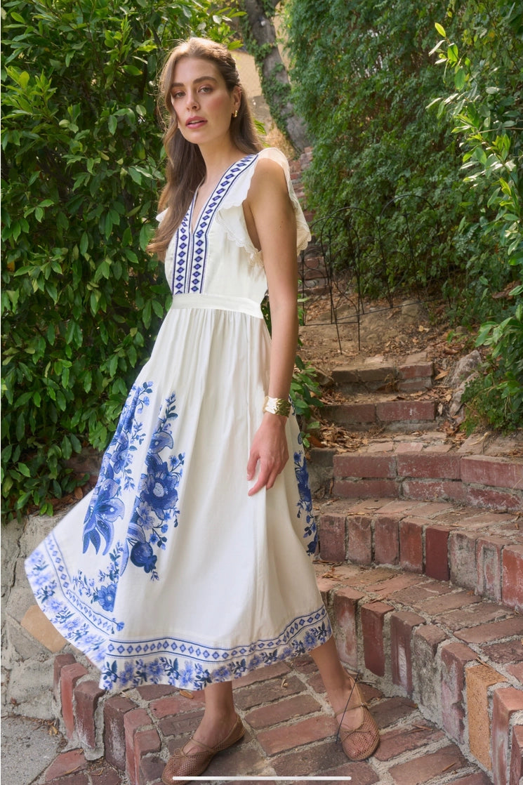 White with Chinoise Floral Midi Dress