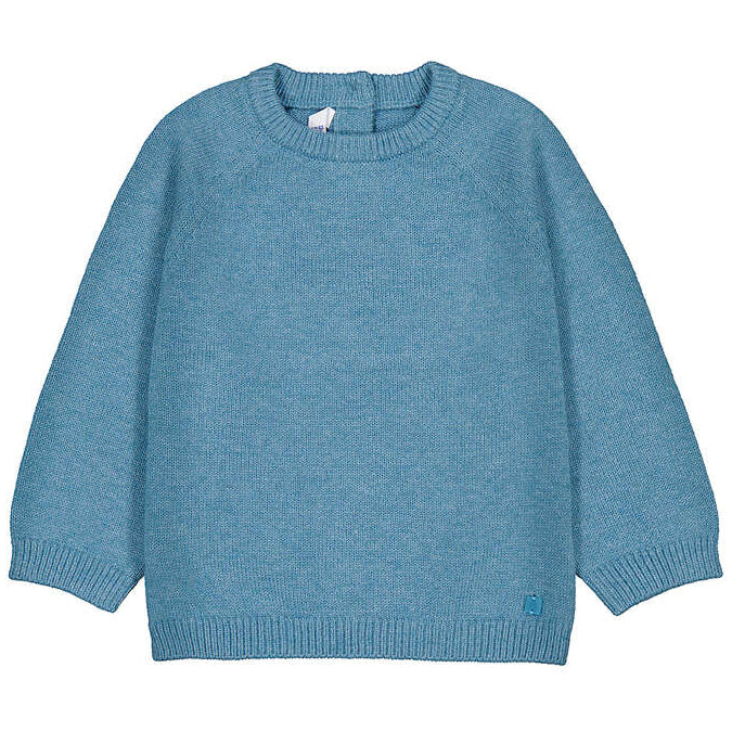 A light blue knit crewneck sweater with long raglan sleeves, shown flat against a plain white background.
