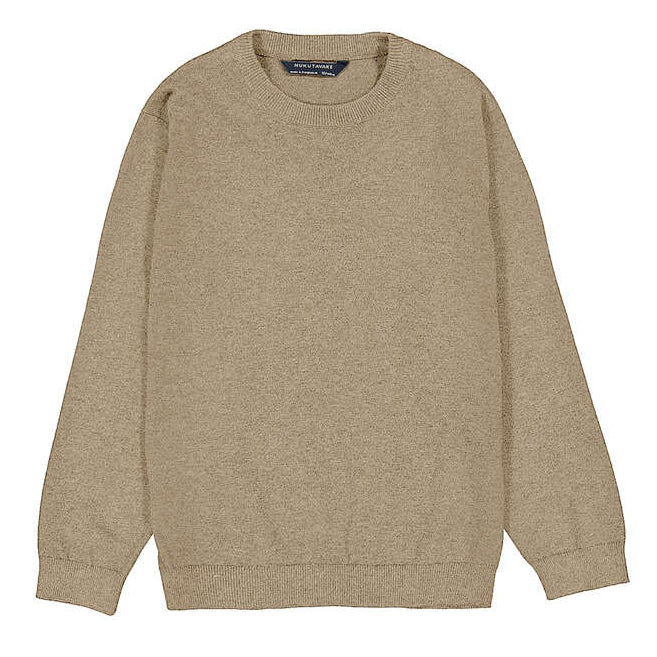 A classic crewneck sweater in a heathered beige color, laid flat against a solid white background. 