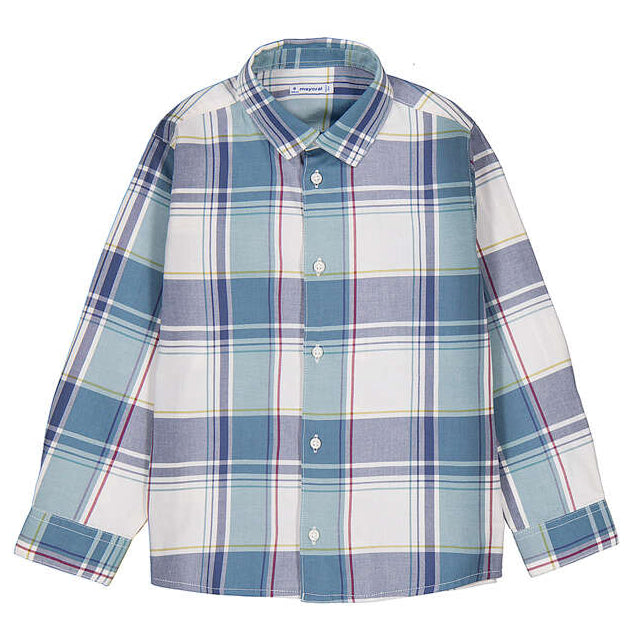 A long-sleeve button-up shirt with a blue, gray, and white plaid pattern, featuring thin red and yellow accent lines, shown on a plain white background.
