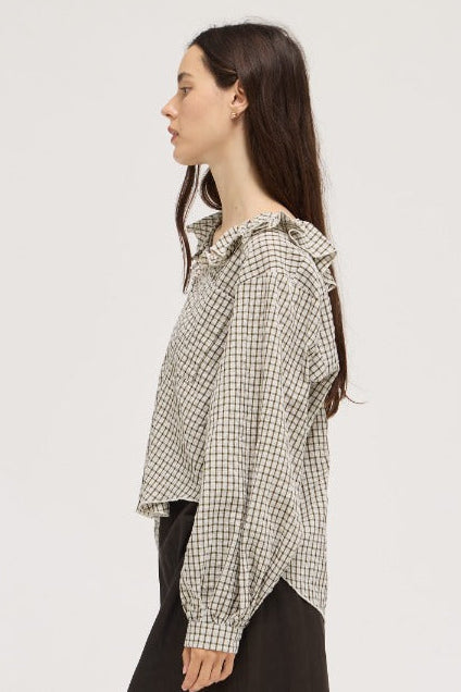 Olive Check Ruffle Collar Blouse