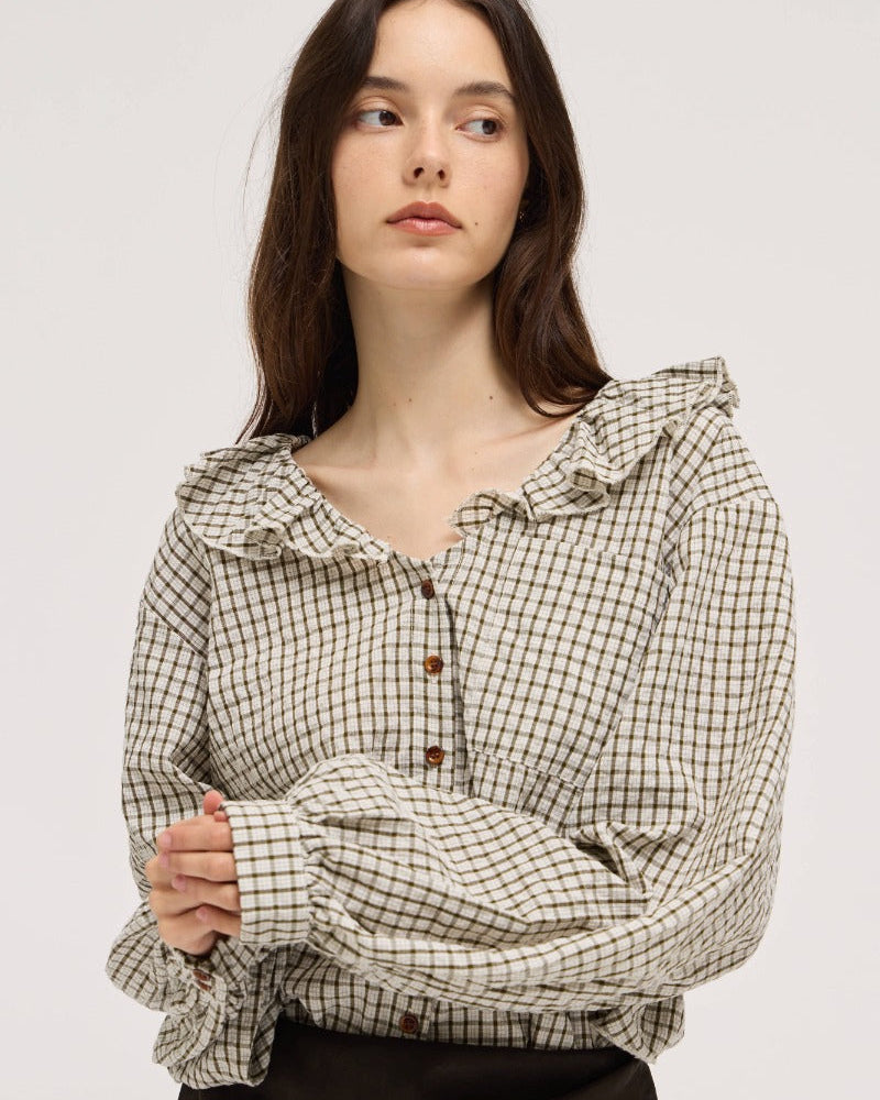 Olive Check Ruffle Collar Blouse