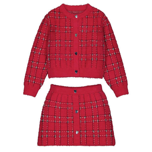 Red Plaid Knit Cardigan Set