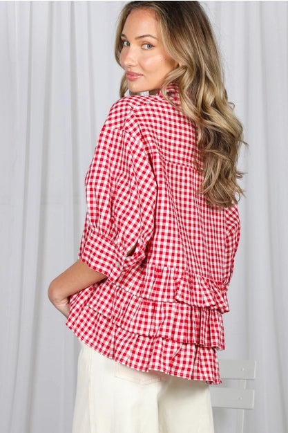 Red Gingham Ruffle Back Blouse
