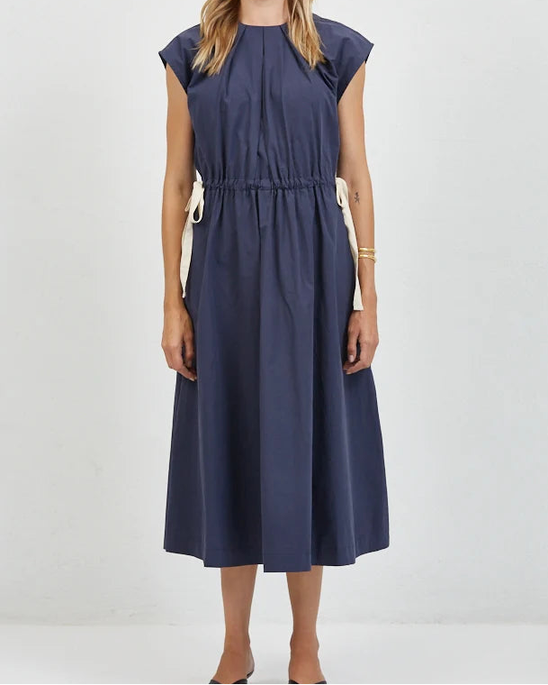 Women's Navy Poplin Drawstring Dress
