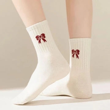 Off White Short Sock with Red Bow