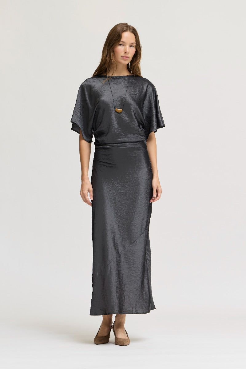 Granite Satin Ruched Waist Bias Dress