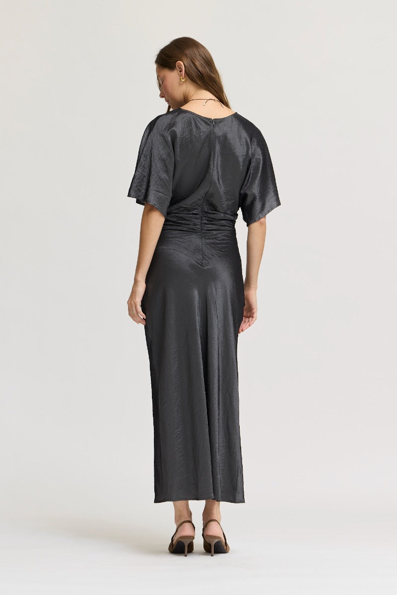 Granite Satin Ruched Waist Bias Dress