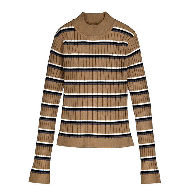 Camel Stripe Ribbed Mock Turtle Sweater