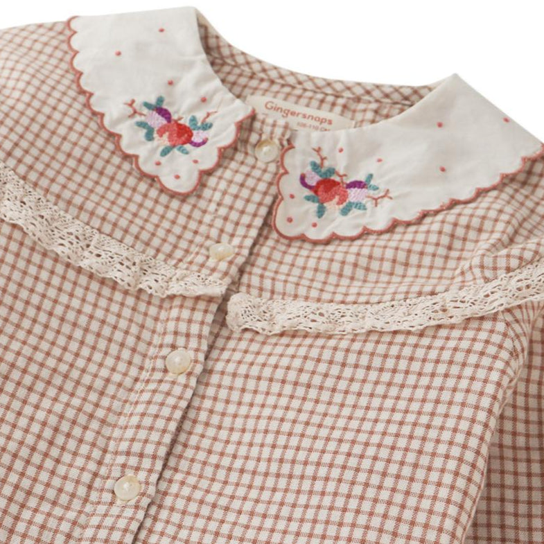 Girl's Bernadette Check Blouse Embroidered Collar