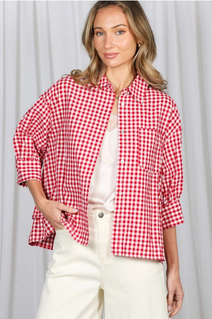 Red Gingham Ruffle Back Blouse