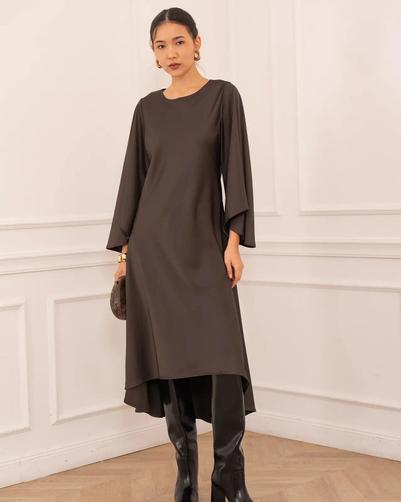 Kate Chocolate Silky Satin Dress