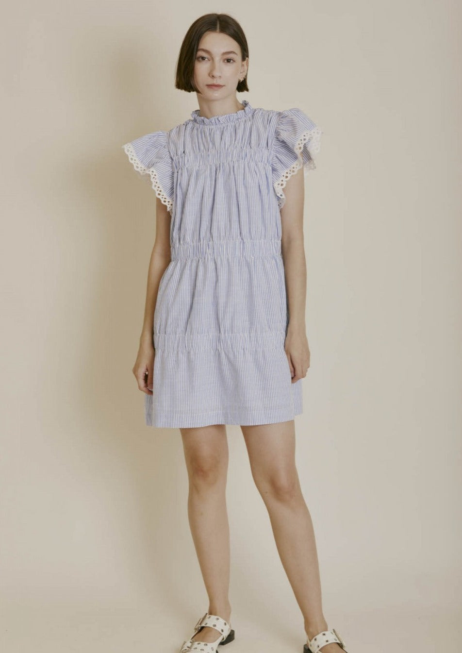 Mary Light Blue Stripe Flutter Sleeve Dress