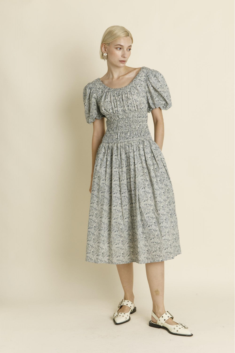 Natalie Navy Toile Peasant Dress