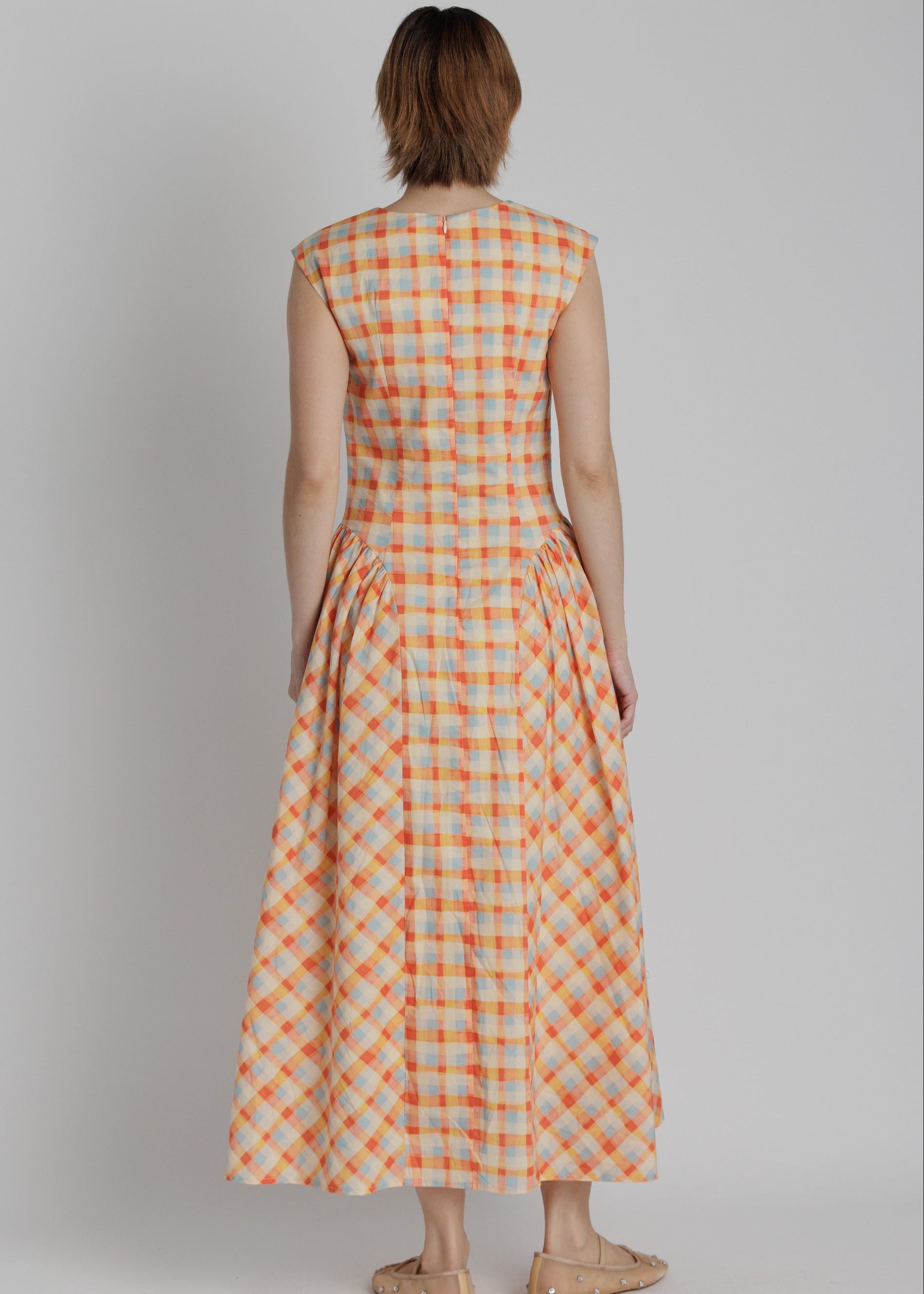 Orange Blue Plaid Basque Waist Dress