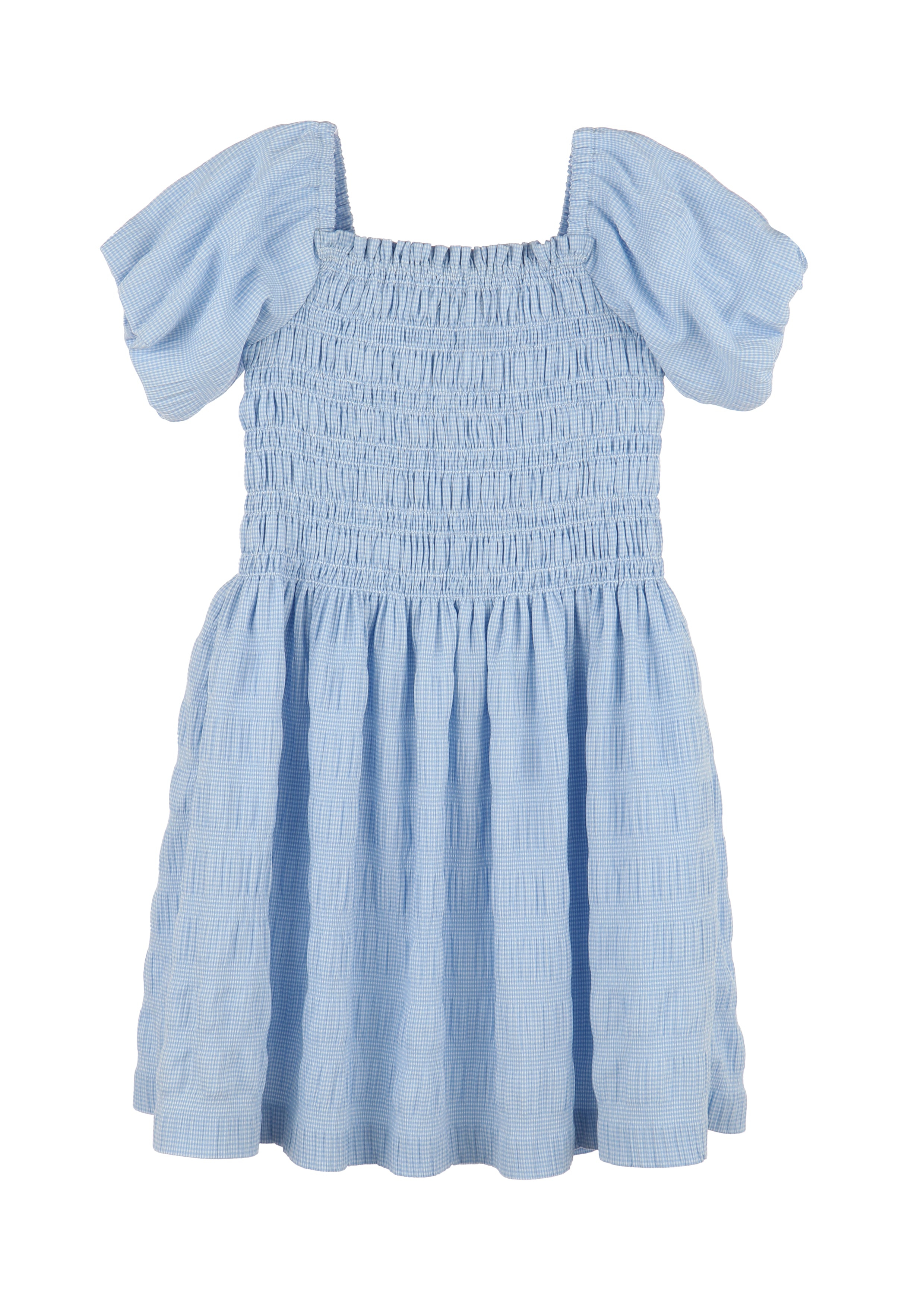 Blue Check Seersucker Peasant Dress