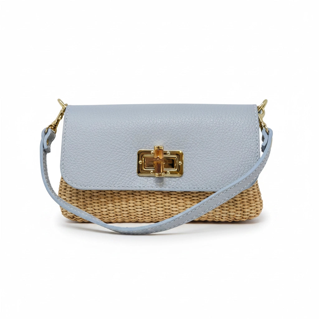Leather Bamboo Clasp and Raffia Crossbody Bag