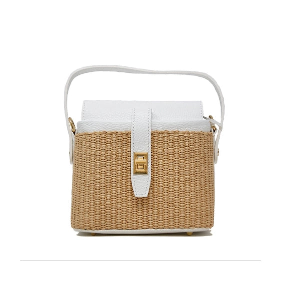 Small Leather and Rattan Top Handle Bag