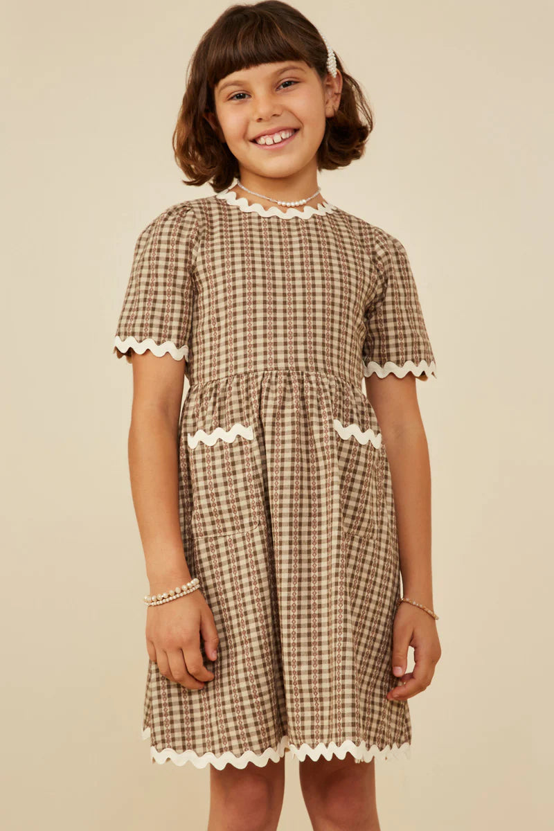 Girl's Brown Plaid Dress with White Ricrac
