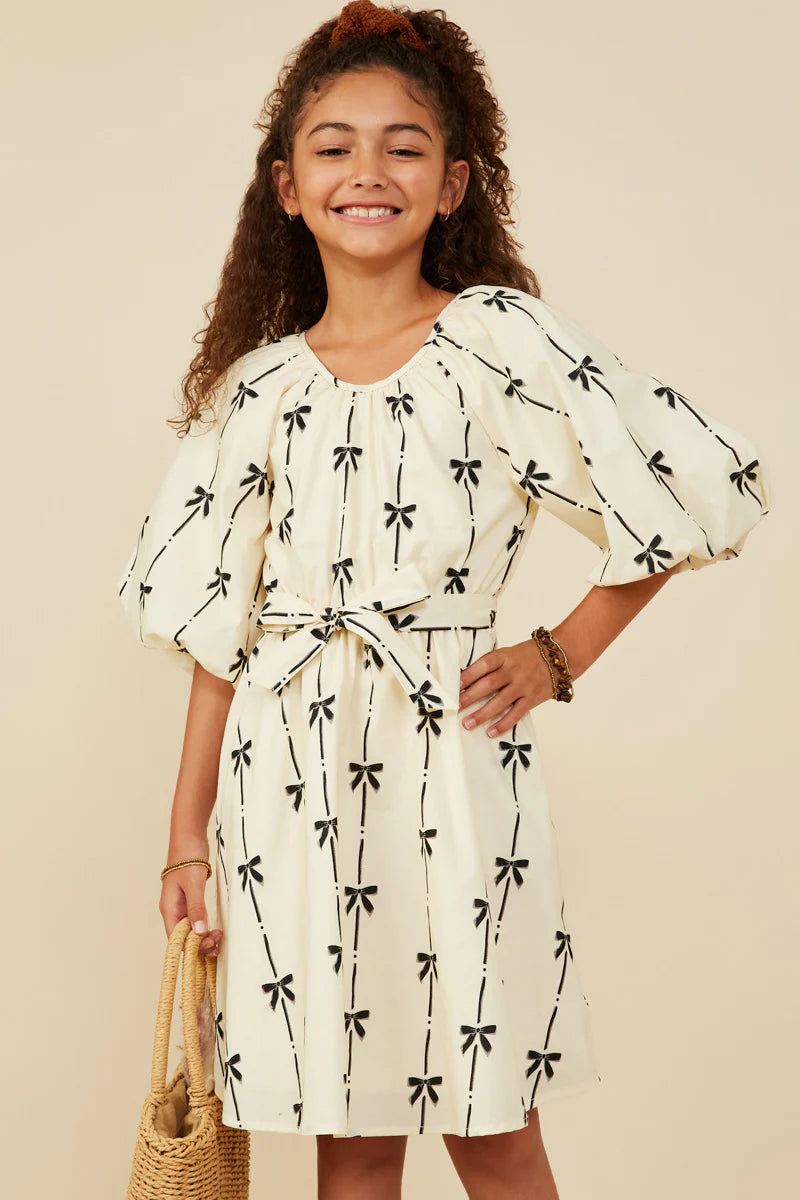 Cream With Black Bow Print Dress