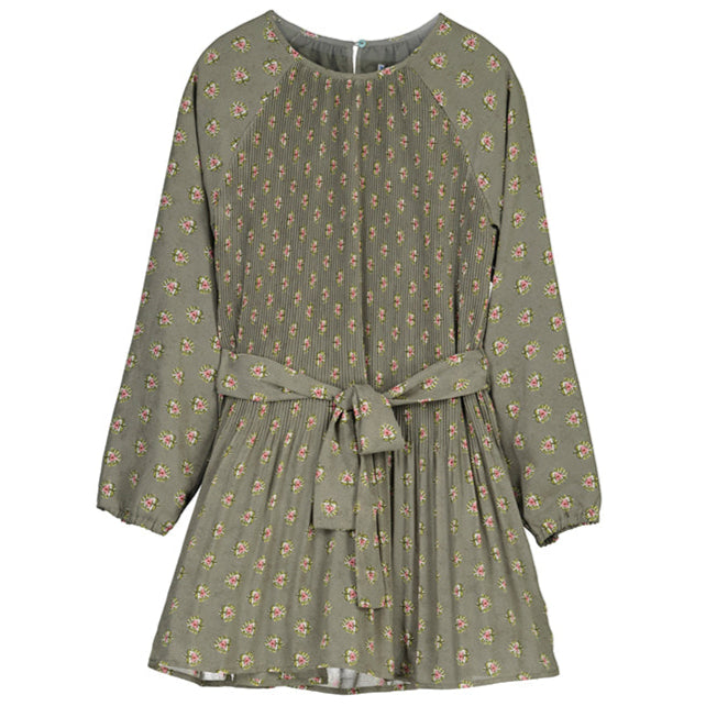 Girl's Olive Rose Bouquet Pleated Dress