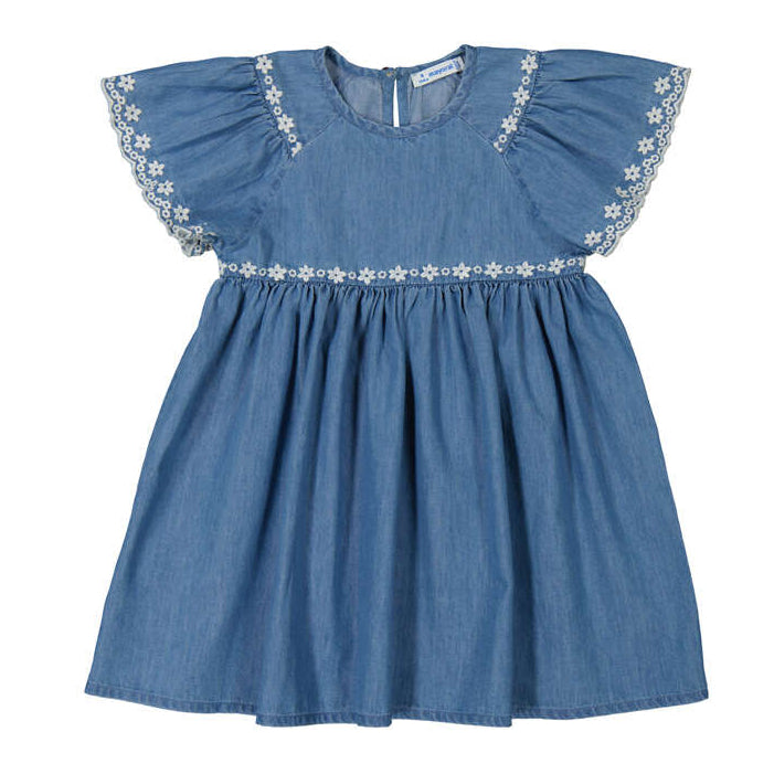 Denim Dress White Embroidered Flowers