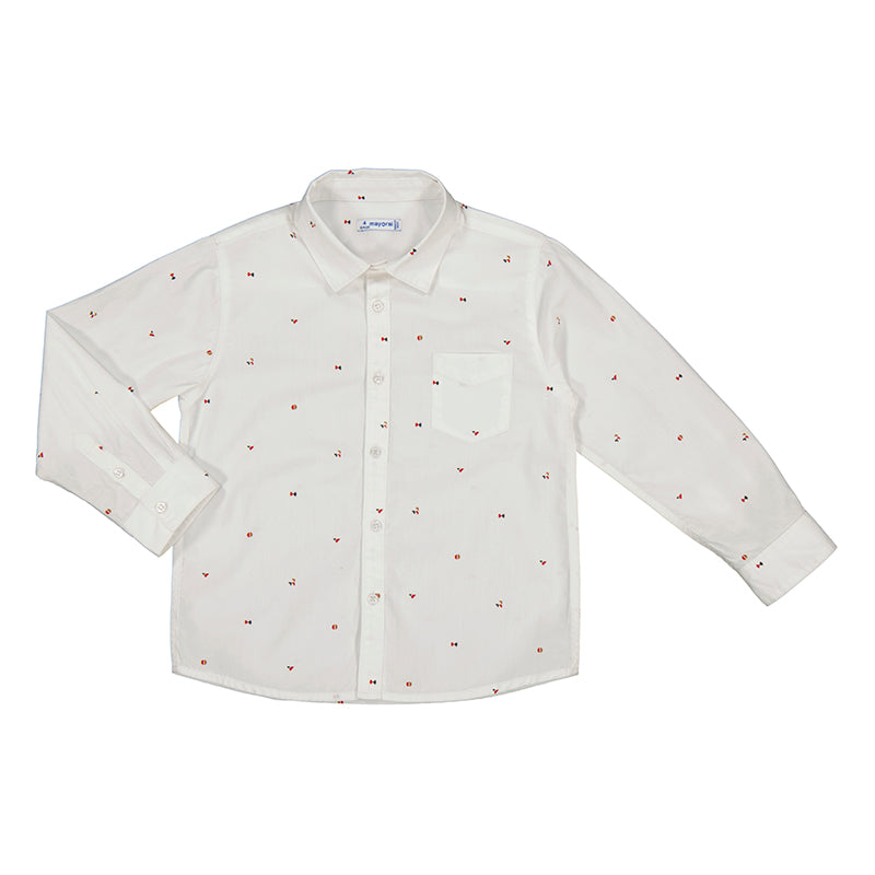 White Shirt with Red Geo Dots