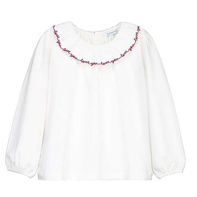 White Blouse with Embroidered Ruffle Collar