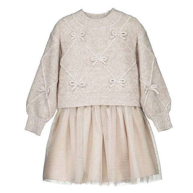 Beige Knit & Tulle Bows Dress