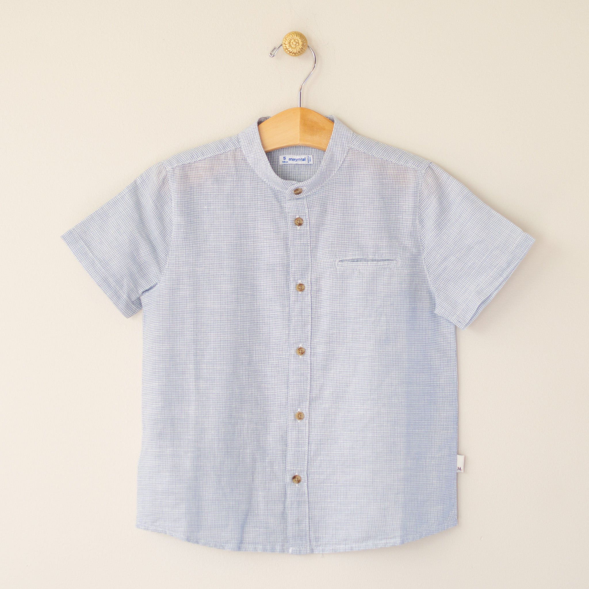 Light Blue Check Band Collar Shirt