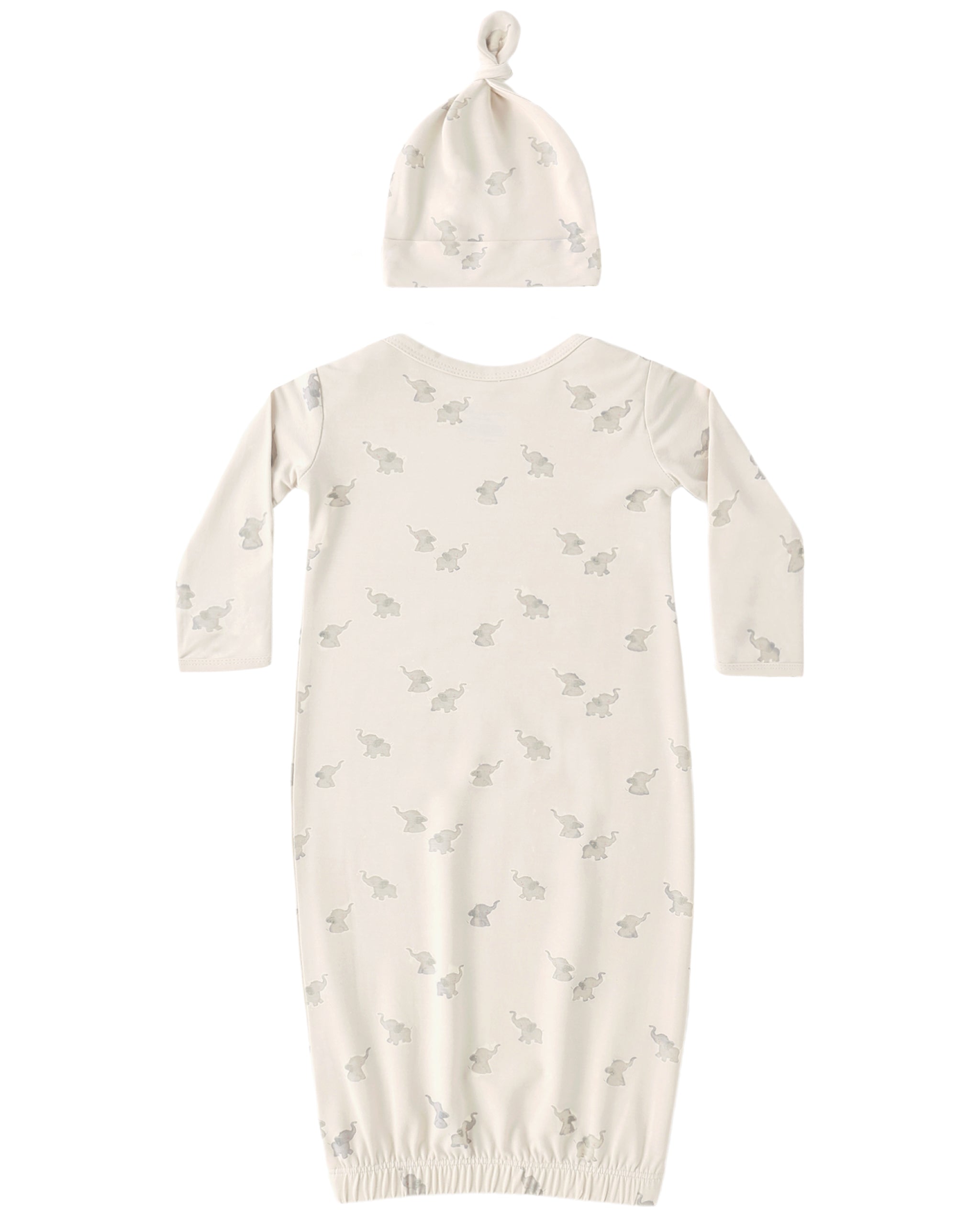 Baby gown and hat set with a subtle elephants pattern on a white background