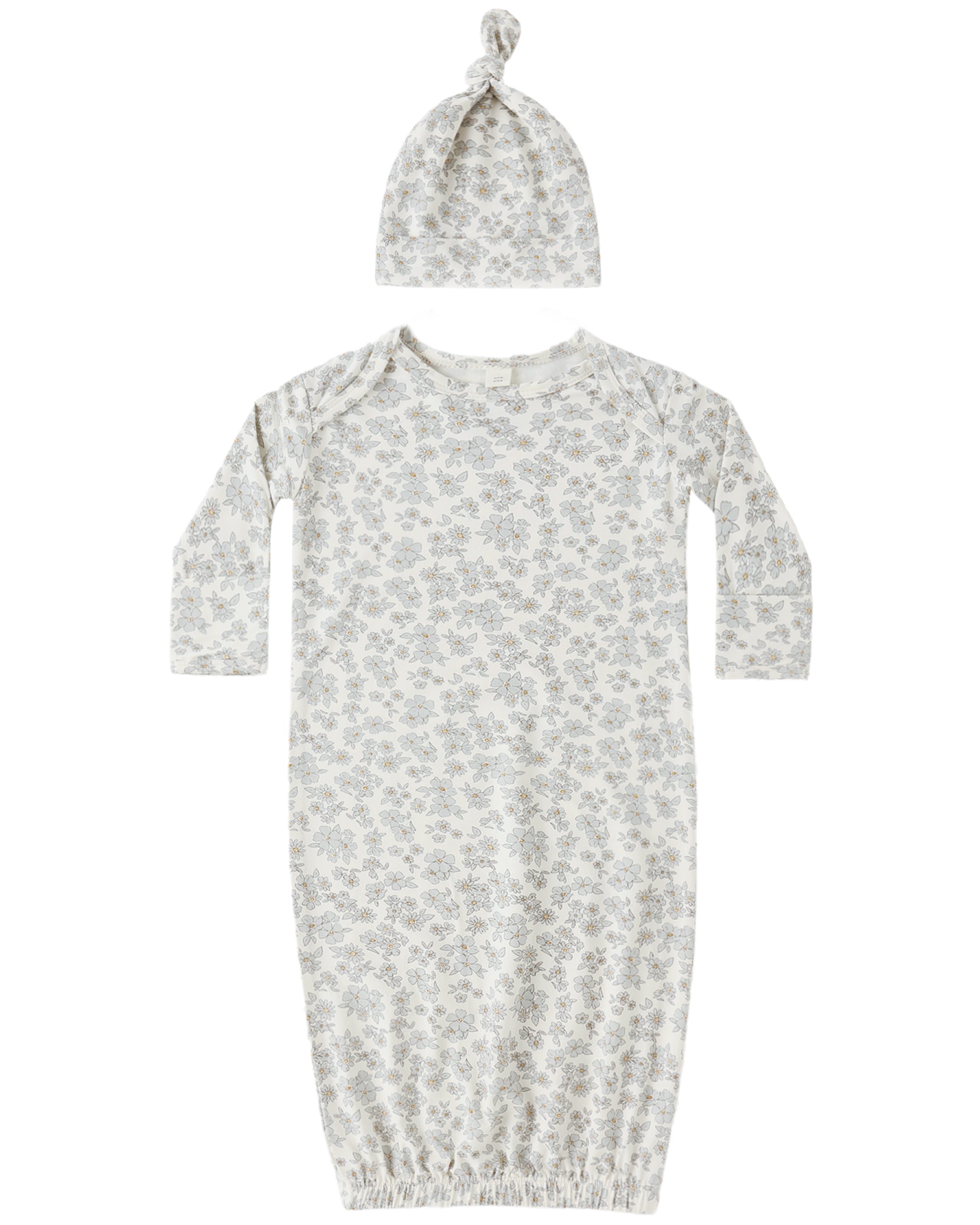 Baby gown and hat set with floral pattern on a white background