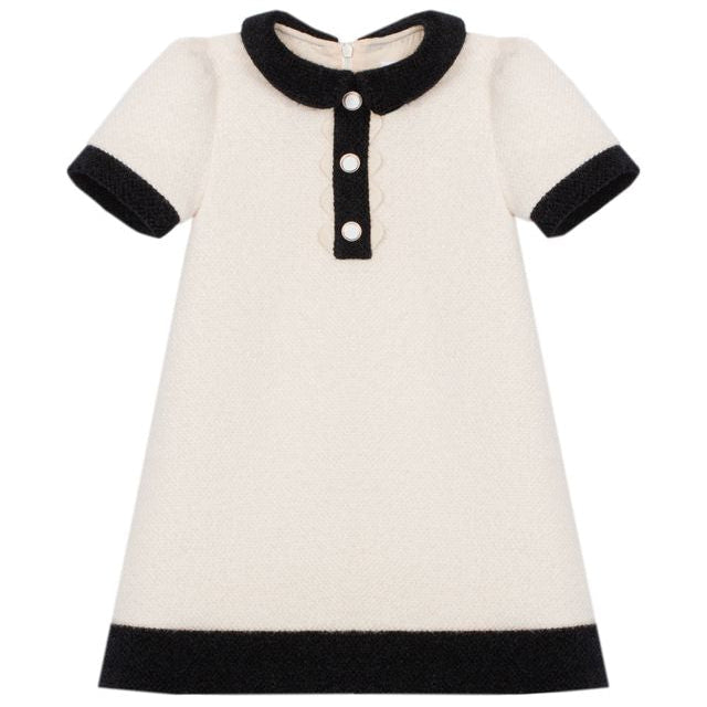 Ivory Boucle Dress Black Collar & Placket
