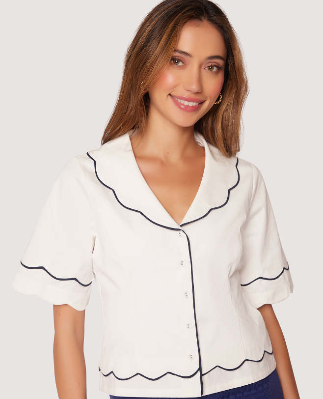 Hamptons White Blouse Navy Scallop Piping