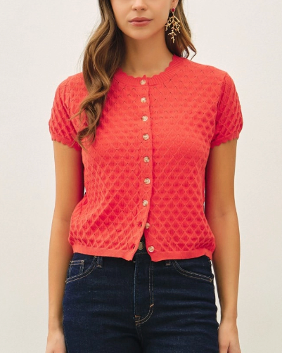 Tomato Red Diamond Pointelle Cardigan