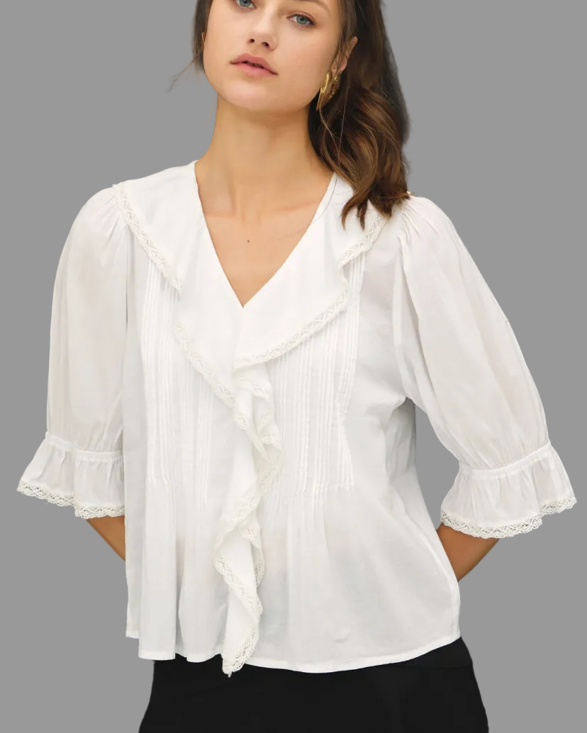 White Ruffled V-Neck Blouse