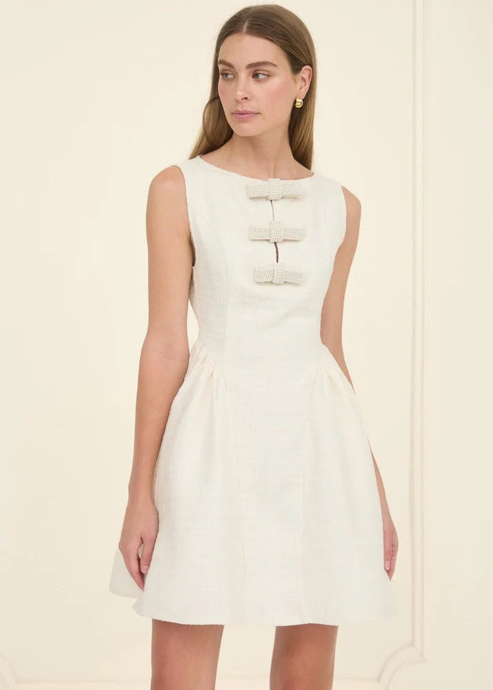 Ivory Tweed Beaded Bow Mini Dress