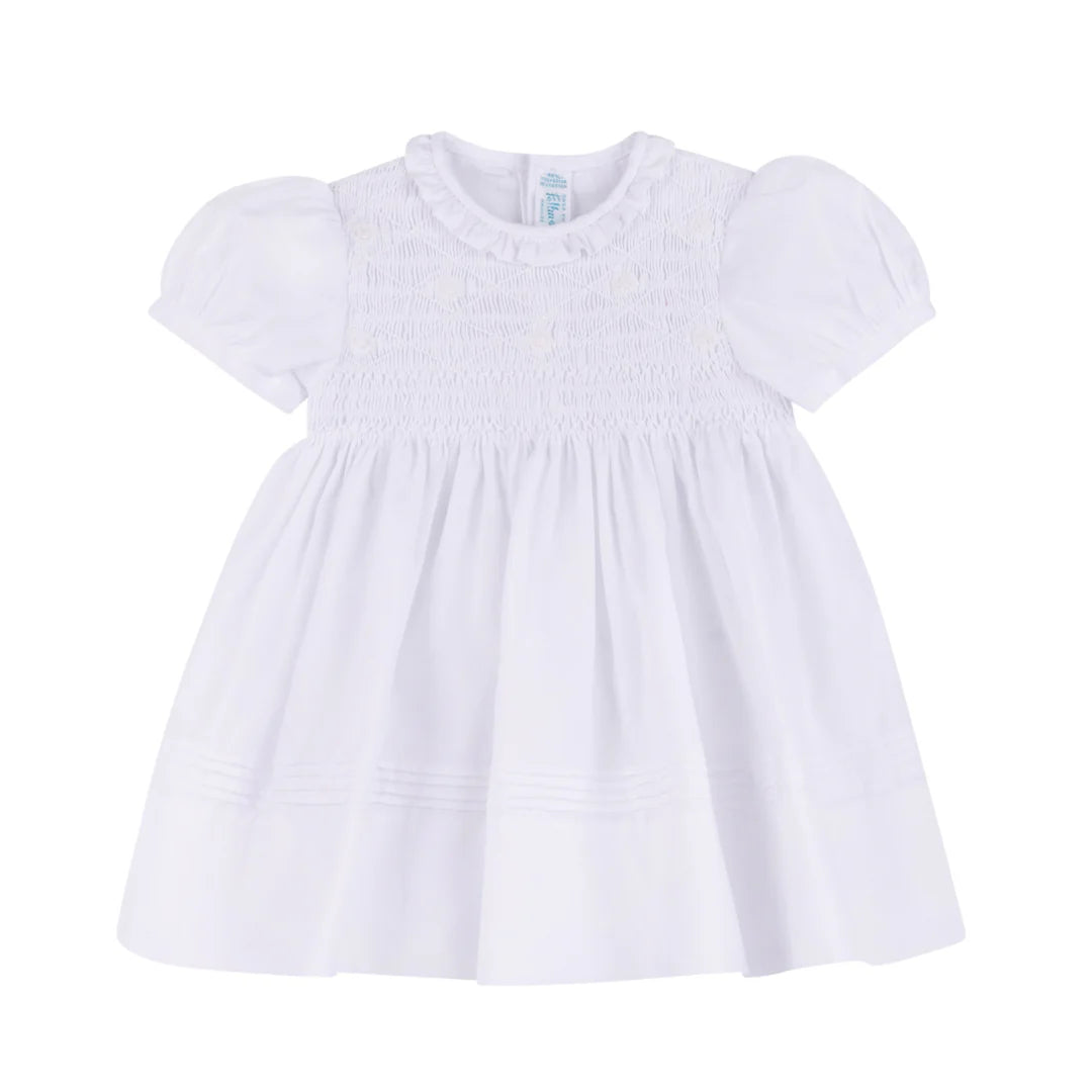 White Smocked Ruffle Neck Dress