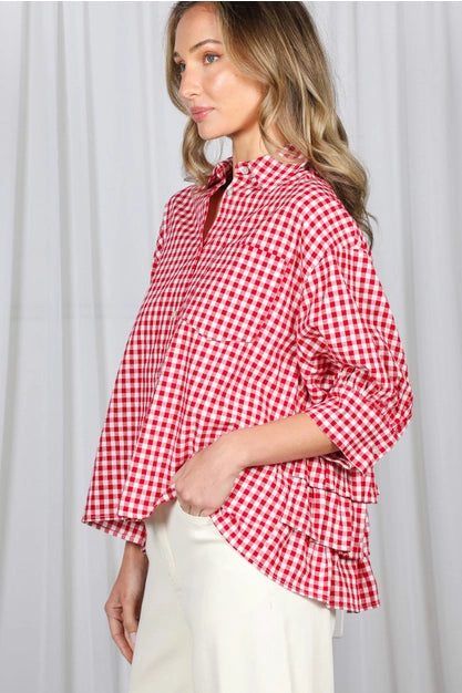 Red Gingham Ruffle Back Blouse